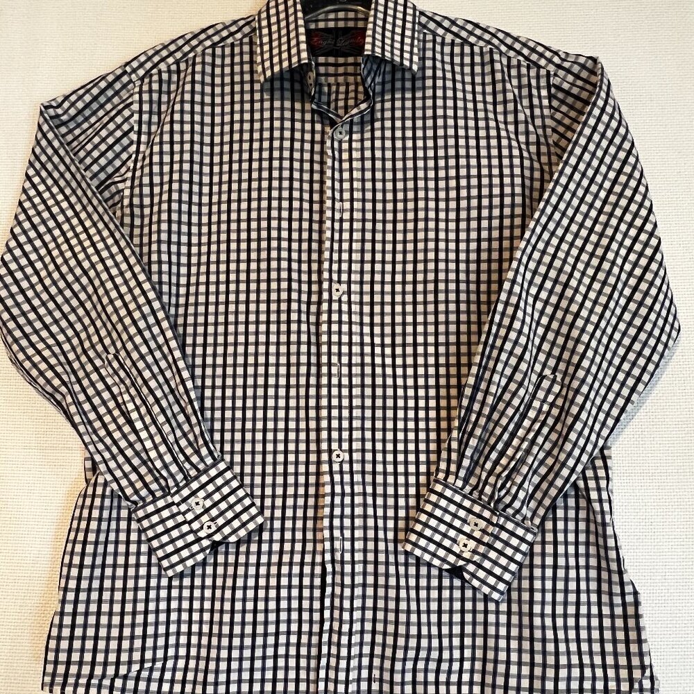 English Laundry Navy White Plaid Cotton Button Down Shirt Contrast Cuff